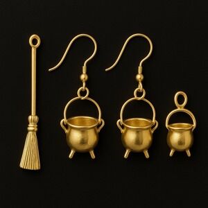 Gold Tone Bundle Witch Broom‎ Cauldron Dangle Earrings Set Magical Fantasy